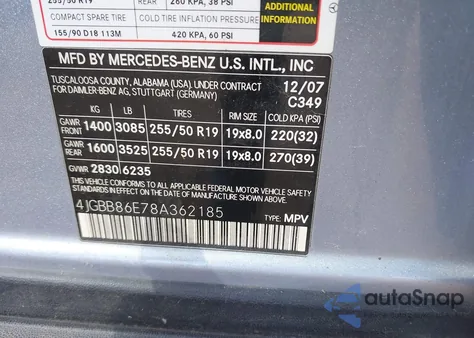 2008 Mercedes-Benz Ml 350 4Matic из США, поврежденный, VIN 4JGBB86E78A362185